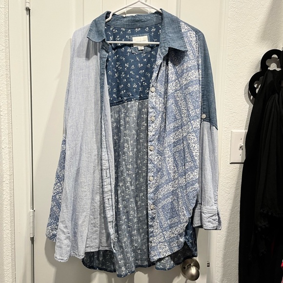 American Eagle Oversized Linen Chambray Patchwork Button Down Shirt Size M - Picture 5 of 8